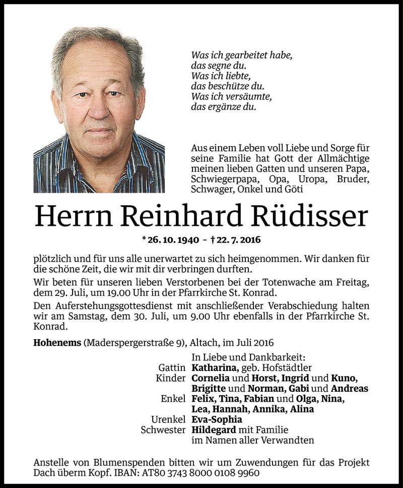  Todesanzeige für Reinhard Rüdisser vom 27.07.2016 aus Vorarlberger Nachrichten