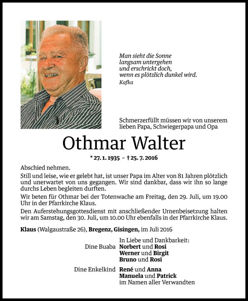  Todesanzeige für Othmar Walter vom 27.07.2016 aus Vorarlberger Nachrichten