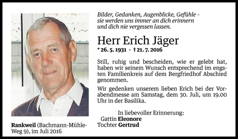  Todesanzeige für Erich Jäger vom 28.07.2016 aus Vorarlberger Nachrichten