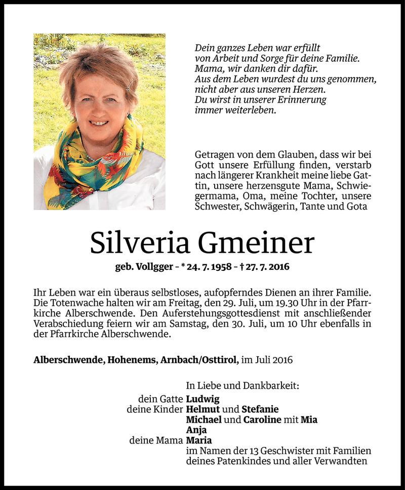  Todesanzeige für Silveria Gmeiner vom 27.07.2016 aus Vorarlberger Nachrichten