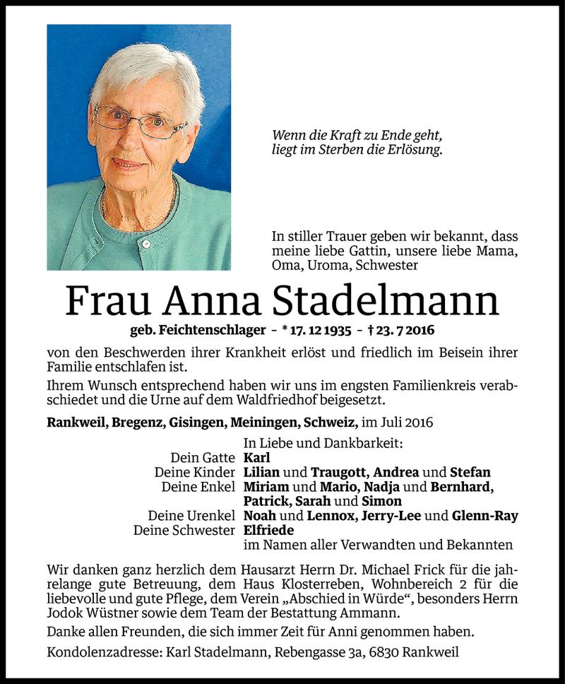  Todesanzeige für Anna Stadelmann vom 30.07.2016 aus Vorarlberger Nachrichten