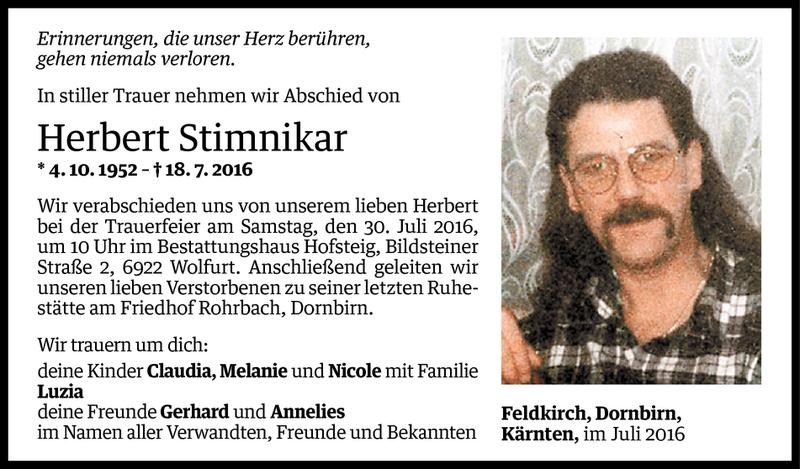  Todesanzeige für Herbert Stimnikar vom 28.07.2016 aus Vorarlberger Nachrichten