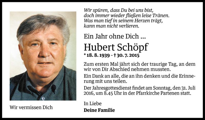  Todesanzeige für Hubert Schöpf vom 29.07.2016 aus Vorarlberger Nachrichten