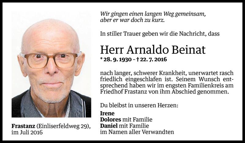  Todesanzeige für Arnaldo Beinat vom 30.07.2016 aus Vorarlberger Nachrichten