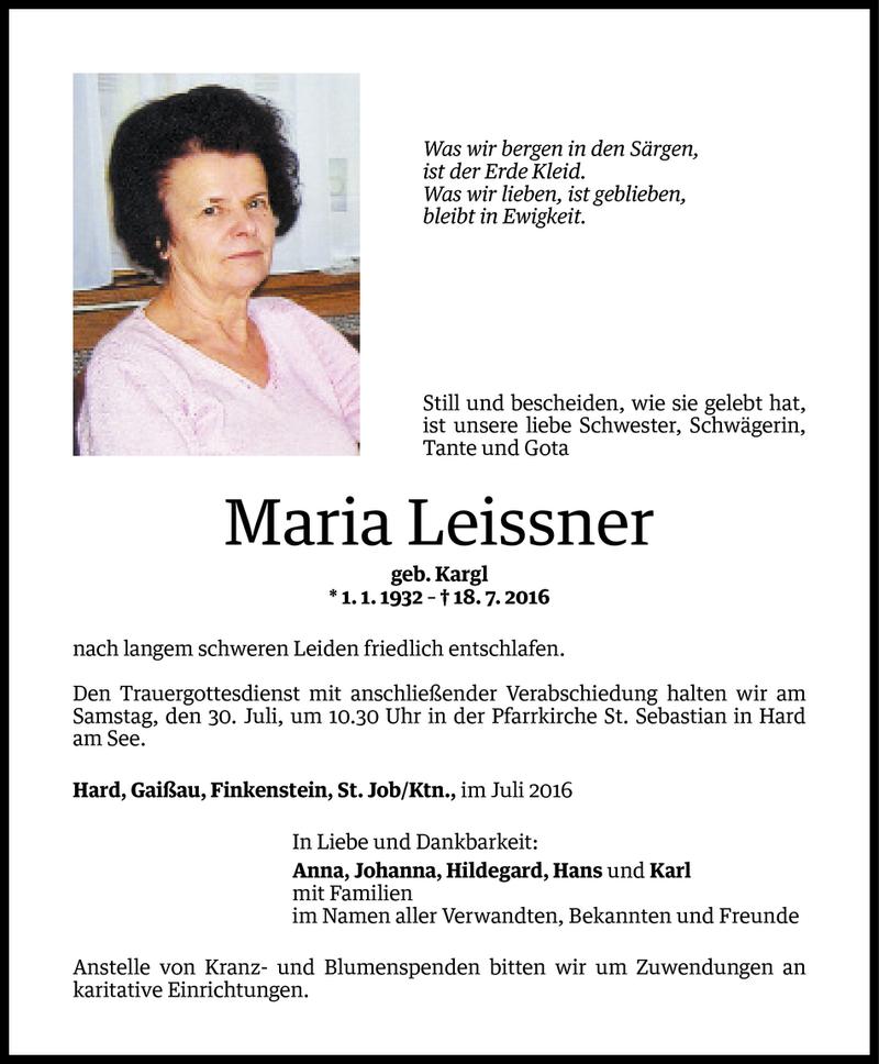  Todesanzeige für Maria Leissner vom 29.07.2016 aus Vorarlberger Nachrichten