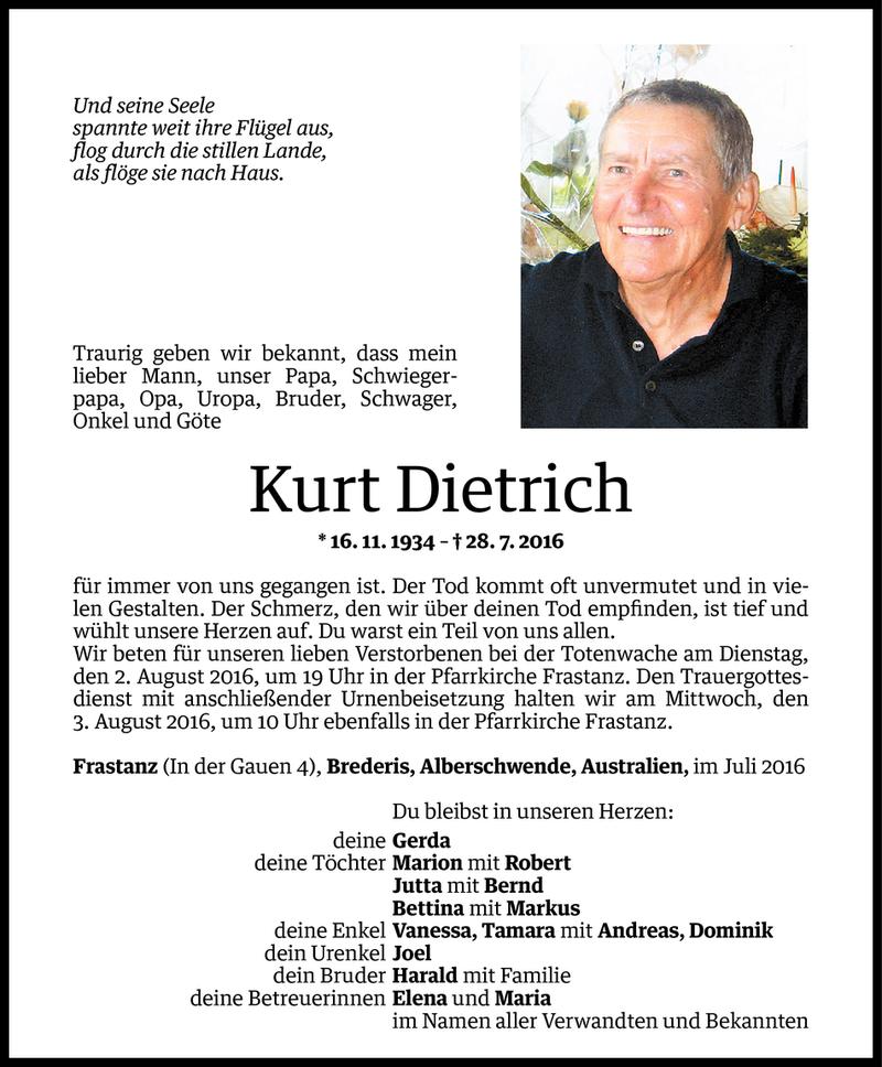  Todesanzeige für Kurt Dietrich vom 29.07.2016 aus Vorarlberger Nachrichten