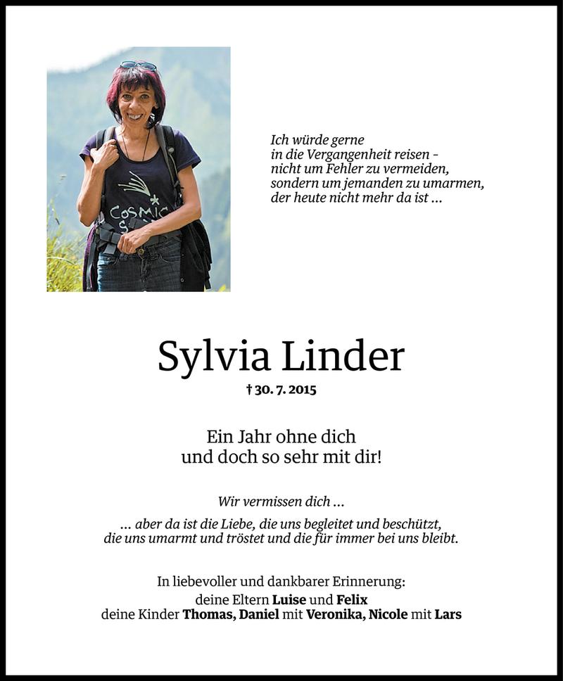 Todesanzeige für Sylvia Linder vom 30.07.2016 aus Vorarlberger Nachrichten