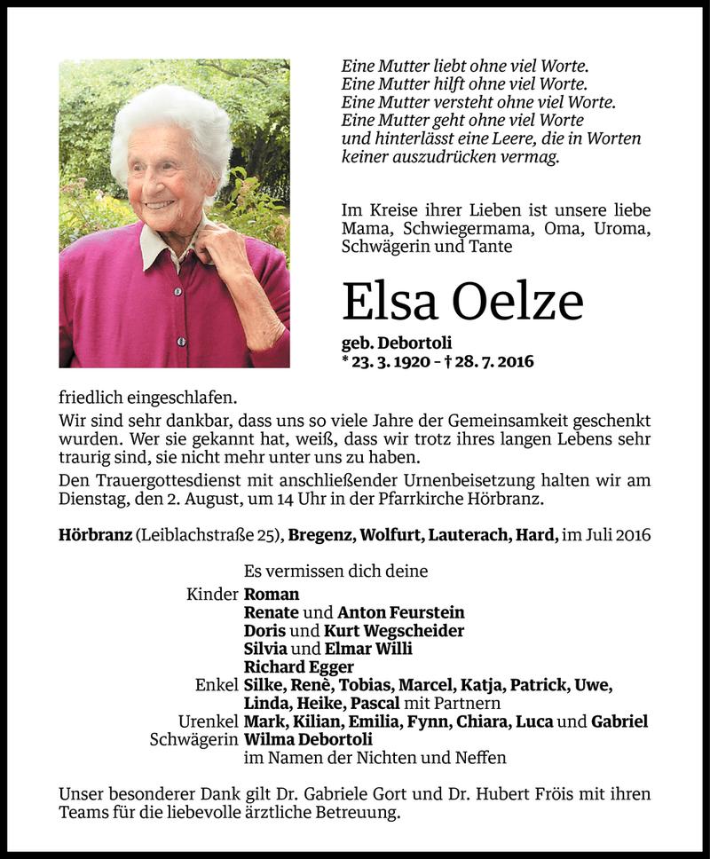  Todesanzeige für Elsa Oelze vom 31.07.2016 aus Vorarlberger Nachrichten