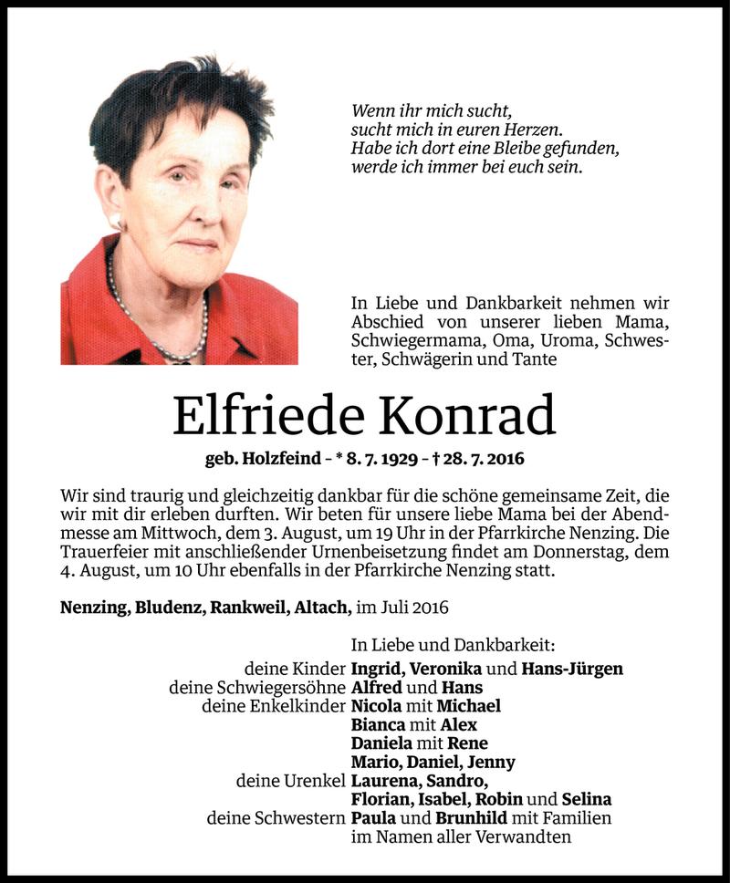  Todesanzeige für Elfriede Konrad vom 02.08.2016 aus Vorarlberger Nachrichten