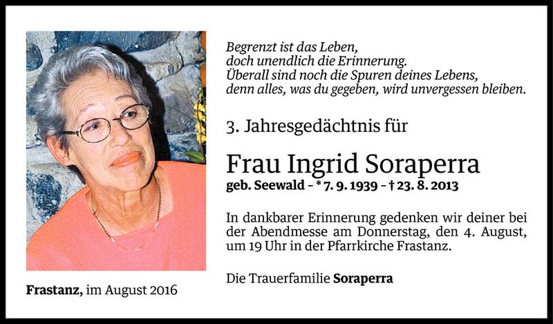  Todesanzeige für Ingrid Soraperra vom 01.08.2016 aus Vorarlberger Nachrichten