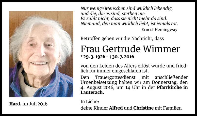  Todesanzeige für Gertrude Wimmer vom 01.08.2016 aus Vorarlberger Nachrichten