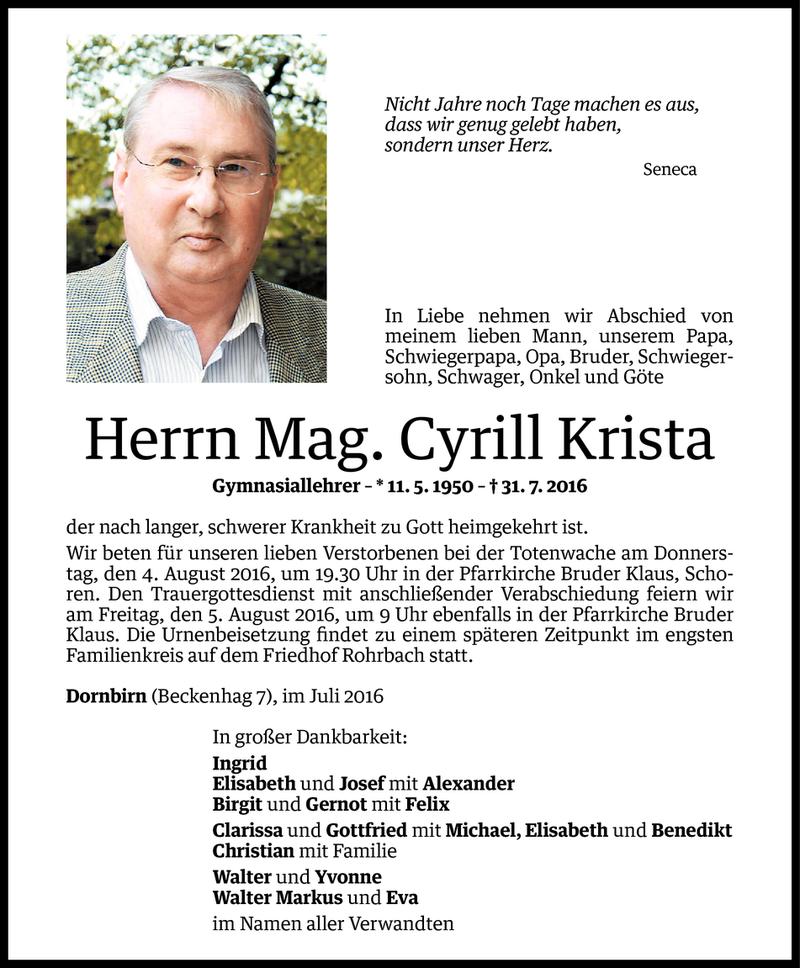  Todesanzeige für Cyrill Krista vom 02.08.2016 aus Vorarlberger Nachrichten