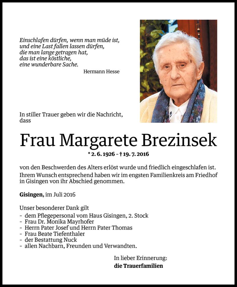  Todesanzeige für Margarete Brezinsek vom 03.08.2016 aus Vorarlberger Nachrichten