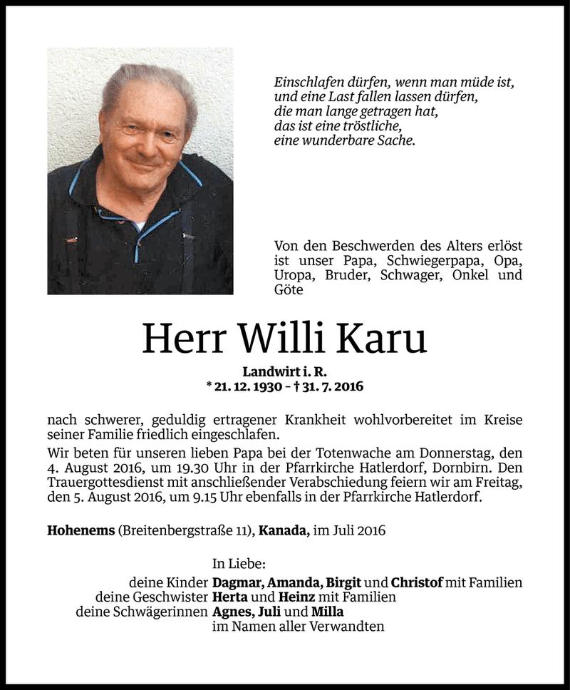  Todesanzeige für Willi Karu vom 02.08.2016 aus Vorarlberger Nachrichten