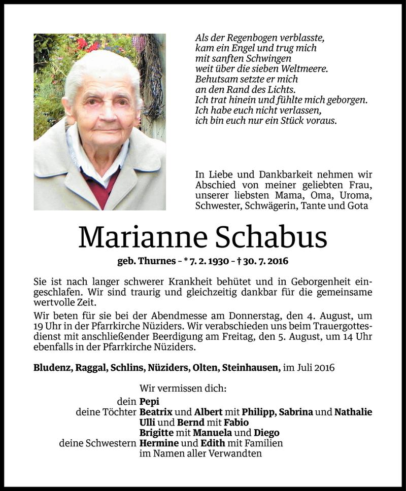  Todesanzeige für Marianne Schabus vom 03.08.2016 aus Vorarlberger Nachrichten