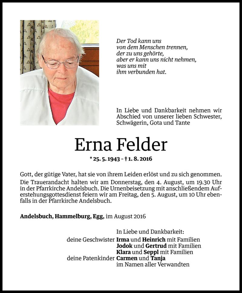  Todesanzeige für Erna Felder vom 02.08.2016 aus Vorarlberger Nachrichten