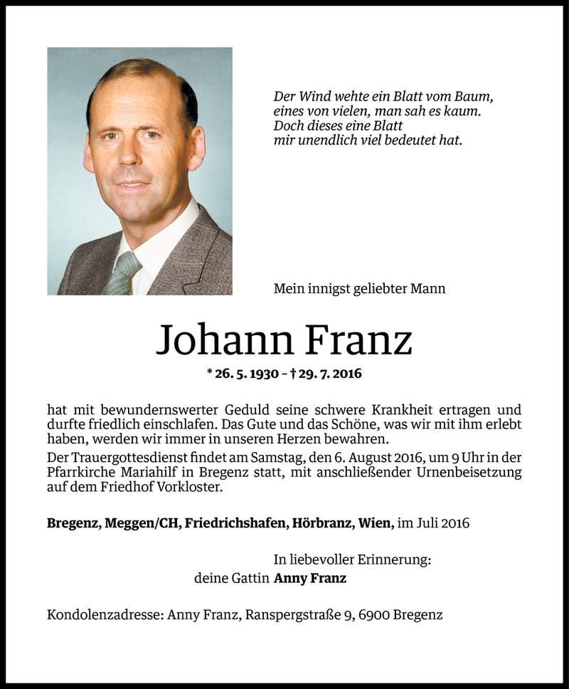  Todesanzeige für Johann Franz vom 03.08.2016 aus Vorarlberger Nachrichten