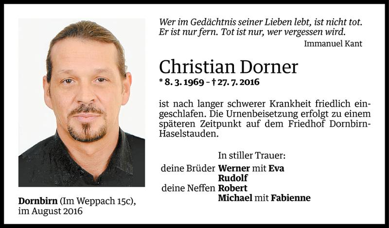  Todesanzeige für Christian Dorner vom 03.08.2016 aus Vorarlberger Nachrichten