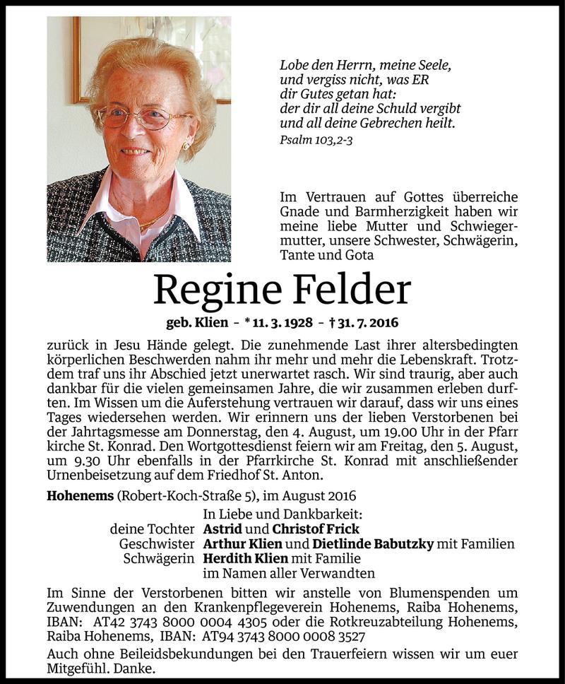  Todesanzeige für Regine Felder vom 03.08.2016 aus Vorarlberger Nachrichten