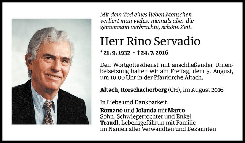  Todesanzeige für Rino Servadio vom 03.08.2016 aus Vorarlberger Nachrichten