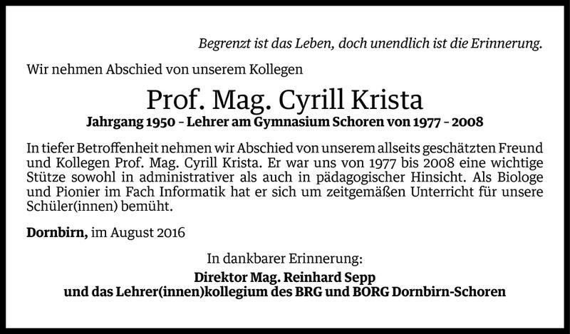  Todesanzeige für Cyrill Krista vom 02.08.2016 aus Vorarlberger Nachrichten