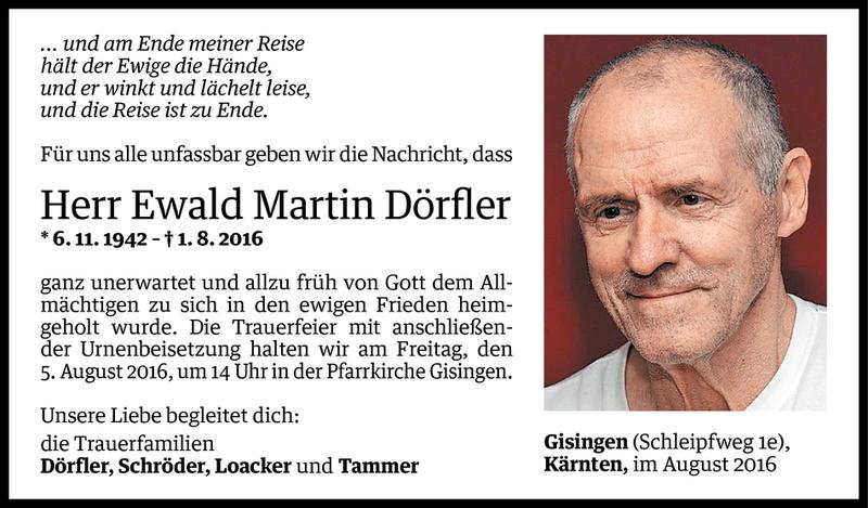  Todesanzeige für Ewald Martin Dörfler vom 03.08.2016 aus Vorarlberger Nachrichten