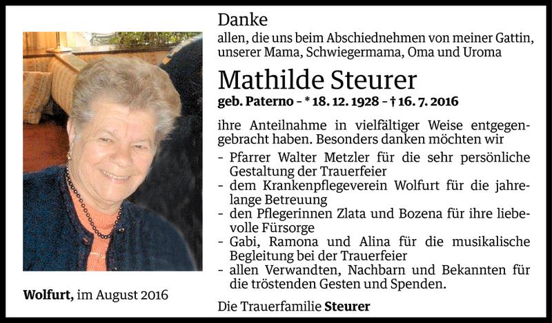  Todesanzeige für Mathilde Steurer vom 05.08.2016 aus Vorarlberger Nachrichten