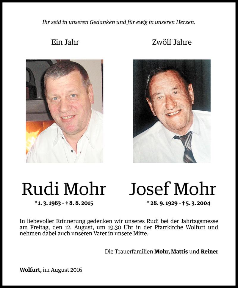  Todesanzeige für Rudi und Josef Mohr vom 07.08.2016 aus Vorarlberger Nachrichten