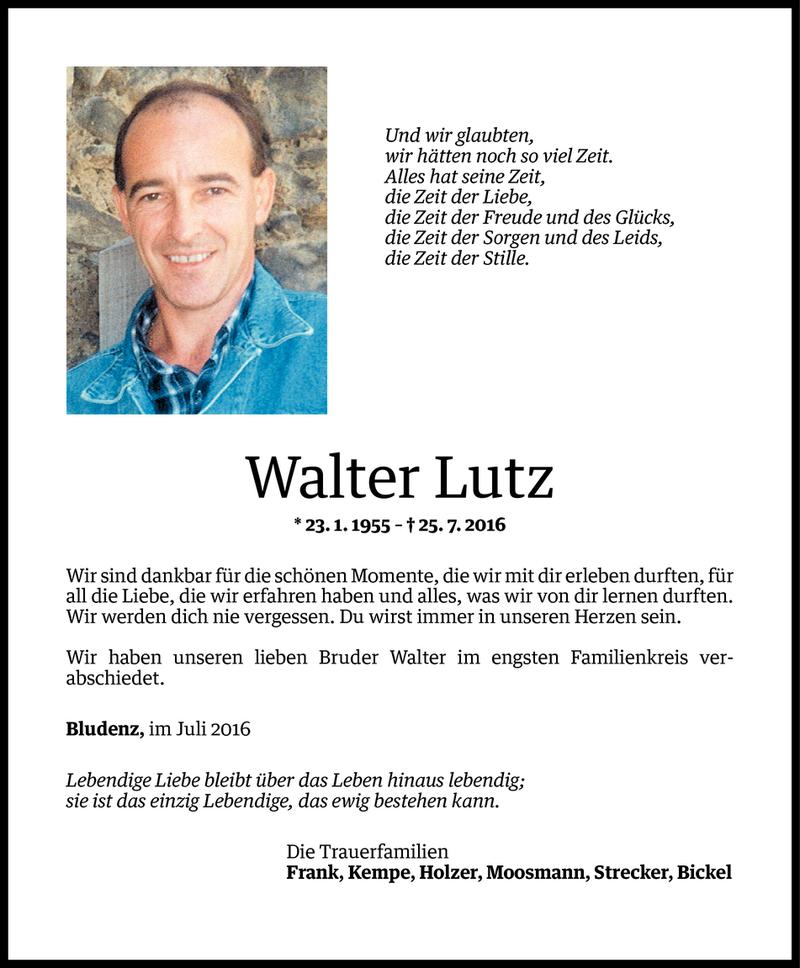  Todesanzeige für Walter Lutz vom 05.08.2016 aus Vorarlberger Nachrichten