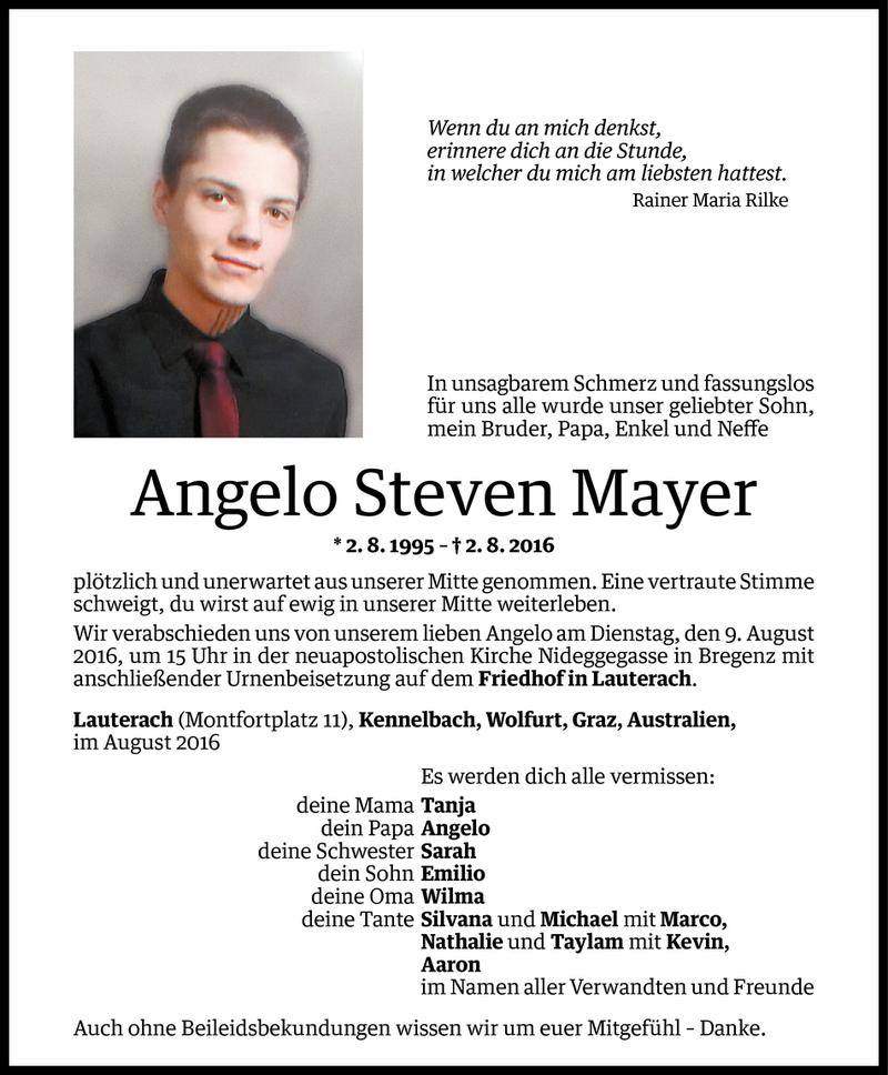  Todesanzeige für Angelo Steven Mayer vom 05.08.2016 aus Vorarlberger Nachrichten