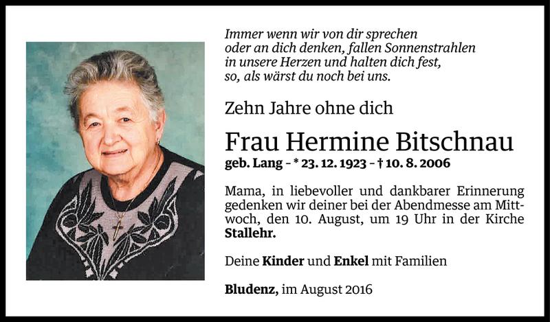  Todesanzeige für Hermine Bitschnau vom 05.08.2016 aus Vorarlberger Nachrichten