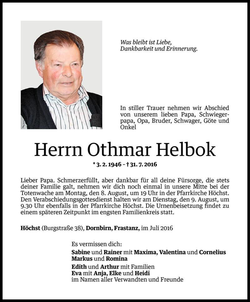  Todesanzeige für Othmar Helbok vom 05.08.2016 aus Vorarlberger Nachrichten