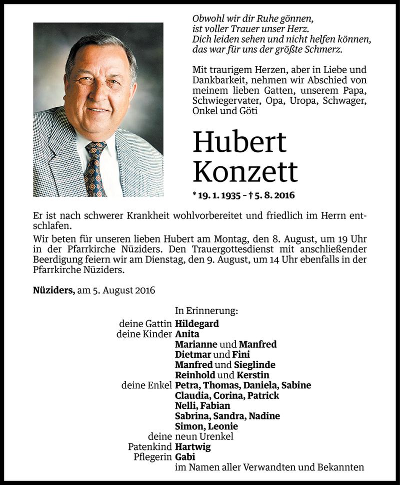  Todesanzeige für Hubert Konzett vom 07.08.2016 aus Vorarlberger Nachrichten