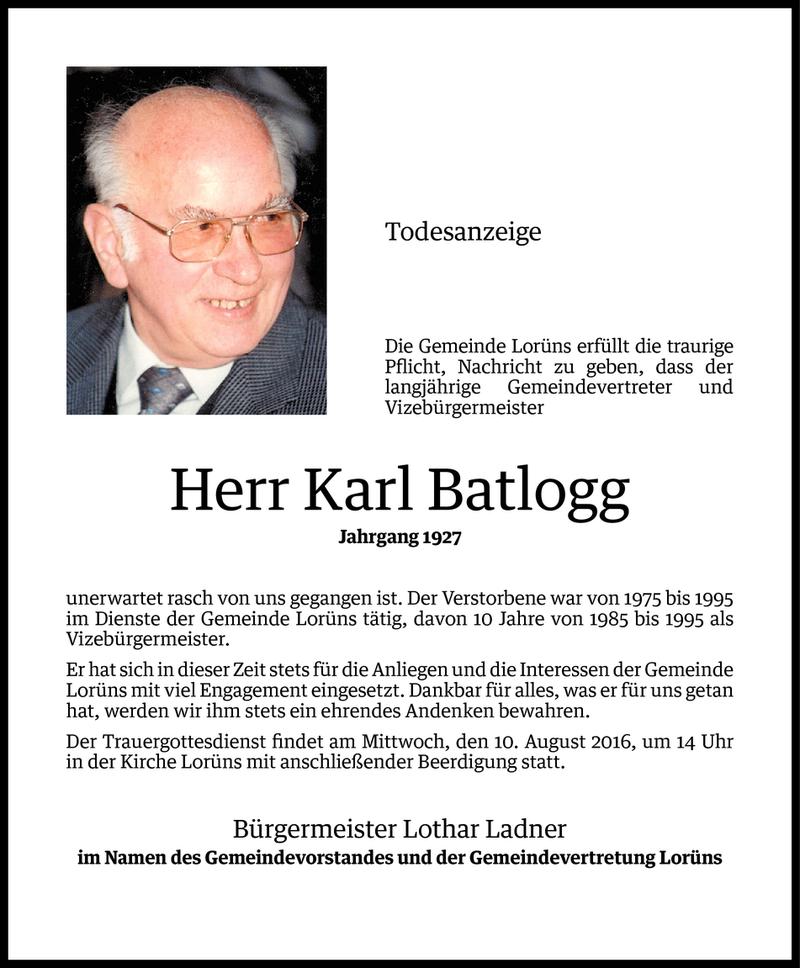  Todesanzeige für Karl Batlogg vom 08.08.2016 aus Vorarlberger Nachrichten