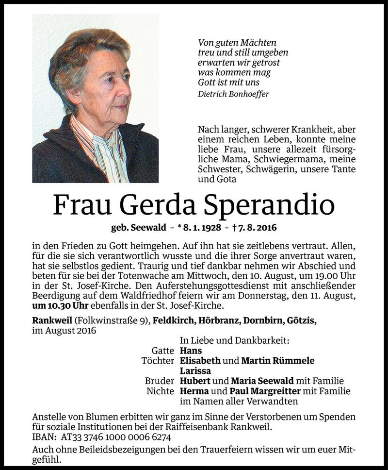  Todesanzeige für Gerda Sperandio vom 08.08.2016 aus Vorarlberger Nachrichten