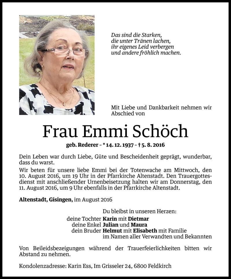  Todesanzeige für Emmi Schöch vom 08.08.2016 aus Vorarlberger Nachrichten