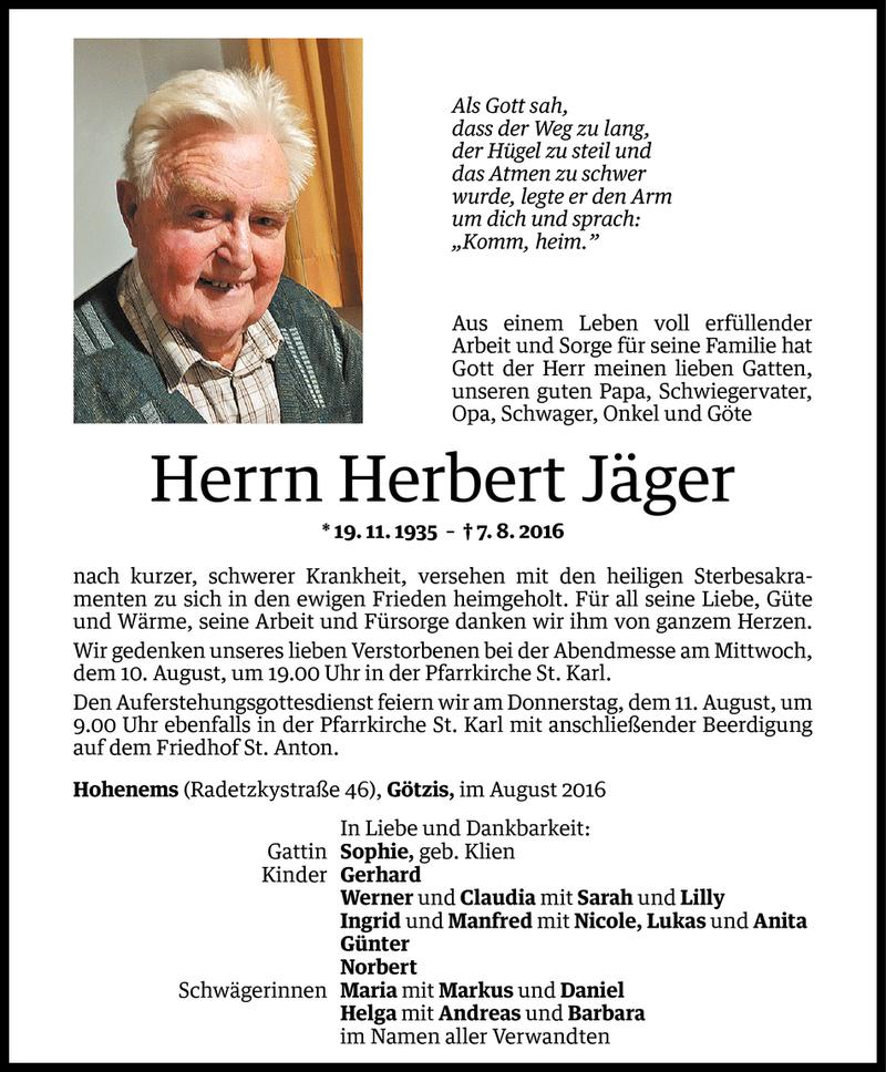  Todesanzeige für Herbert Jäger vom 09.08.2016 aus Vorarlberger Nachrichten