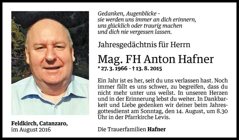  Todesanzeige für Anton Hafner vom 12.08.2016 aus Vorarlberger Nachrichten