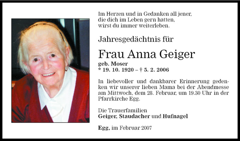 Todesanzeigen von Anna Geiger | Todesanzeigen Vorarlberger Nachrichten