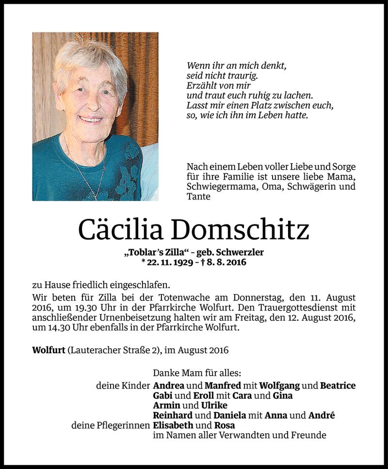  Todesanzeige für Cäcilia Domschitz vom 09.08.2016 aus Vorarlberger Nachrichten