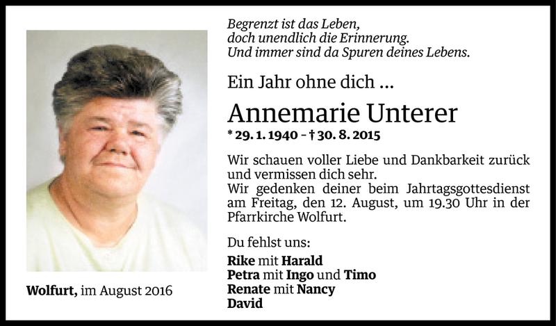  Todesanzeige für Annemarie Unterer vom 10.08.2016 aus Vorarlberger Nachrichten