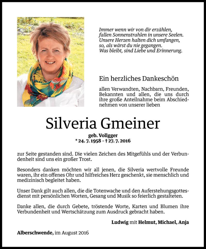  Todesanzeige für Silveria Gmeiner vom 10.08.2016 aus Vorarlberger Nachrichten