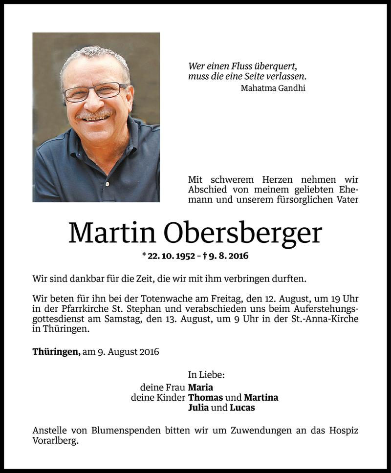  Todesanzeige für Martin Obersberger vom 10.08.2016 aus Vorarlberger Nachrichten