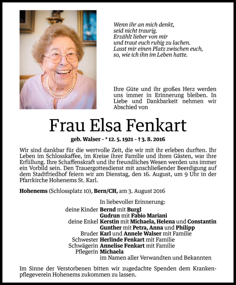  Todesanzeige für Elsa Fenkart vom 10.08.2016 aus Vorarlberger Nachrichten