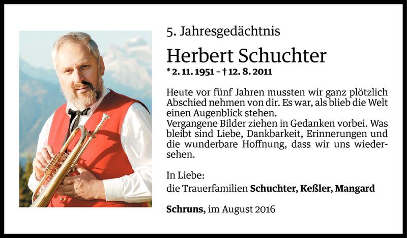  Todesanzeige für Herbert Schuchter vom 11.08.2016 aus Vorarlberger Nachrichten