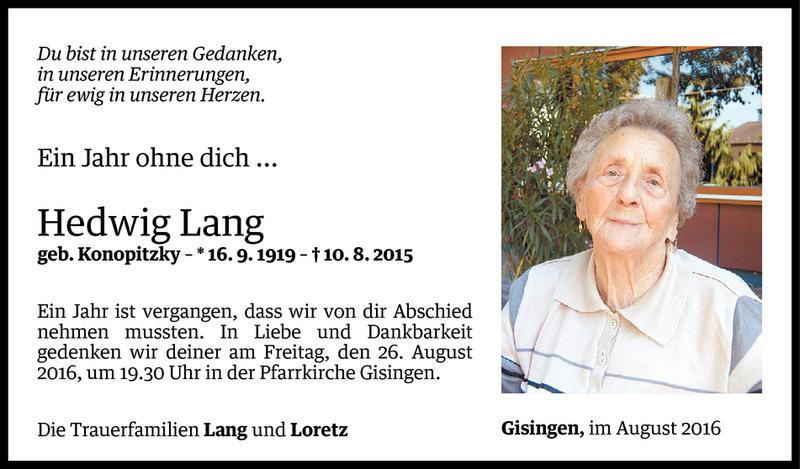  Todesanzeige für Hedwig Lang vom 23.08.2016 aus Vorarlberger Nachrichten