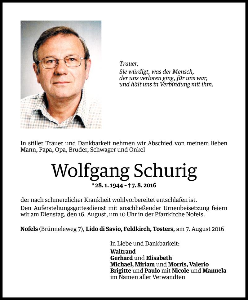  Todesanzeige für Wolfgang Schurig vom 12.08.2016 aus Vorarlberger Nachrichten