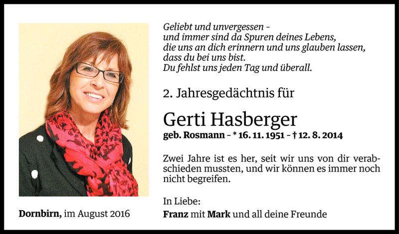  Todesanzeige für Gertrude Hasberger vom 11.08.2016 aus Vorarlberger Nachrichten