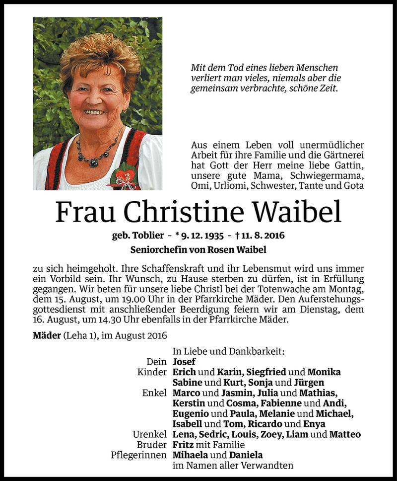  Todesanzeige für Christine Waibel vom 13.08.2016 aus Vorarlberger Nachrichten