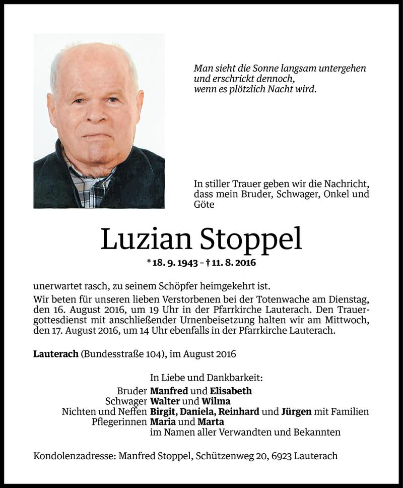  Todesanzeige für Luzian Stoppel vom 12.08.2016 aus Vorarlberger Nachrichten